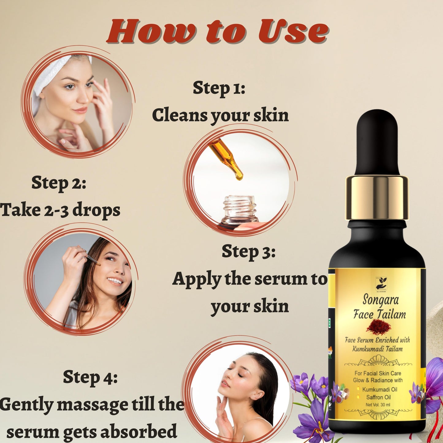 Songara Face Serum - Enriched with Kumkumadi Tailam for Radiant, Healthy & Glowing Skin | Non sticky (30 ml)