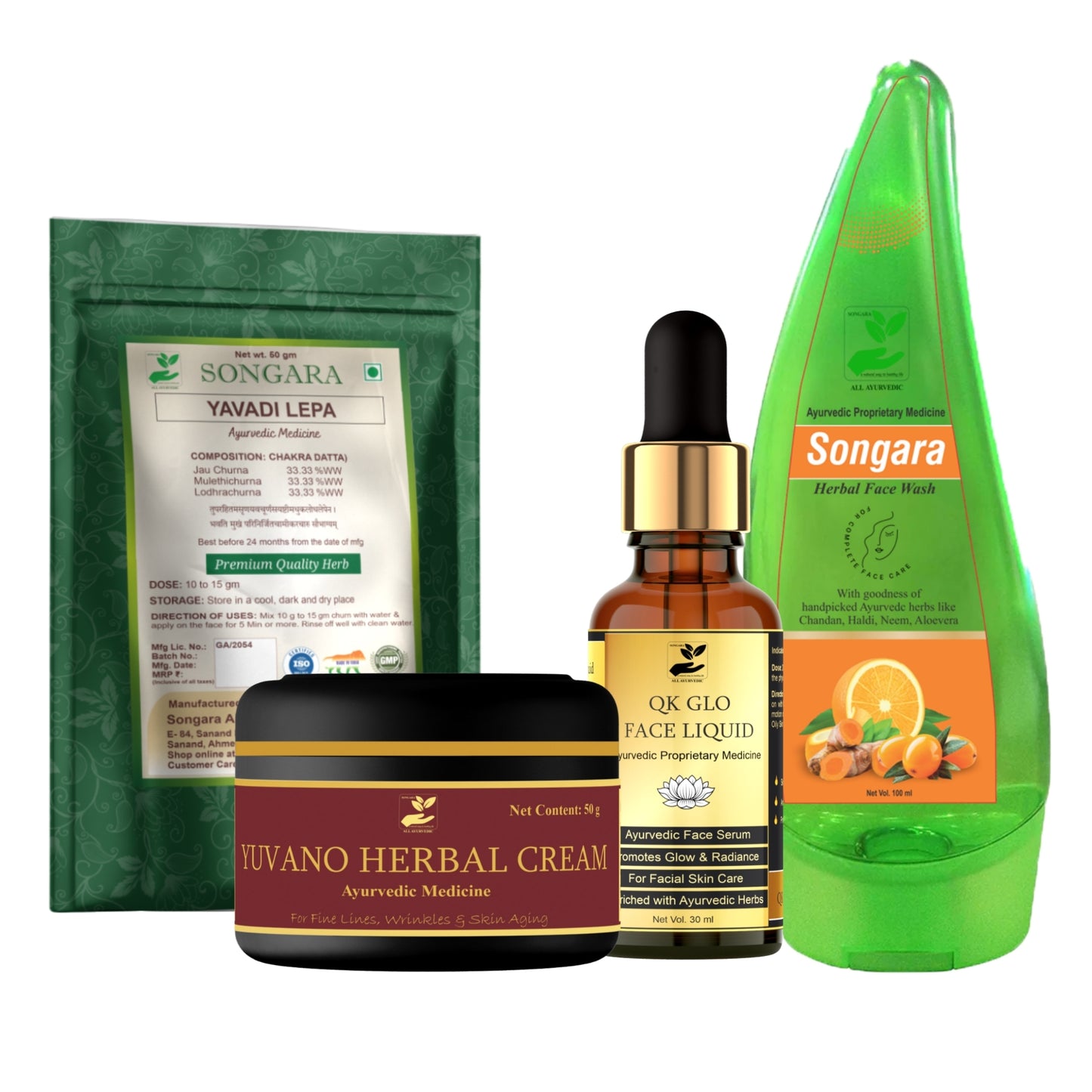Songara Ayurvedic Face Care Kit for pigmentation & glow: Face Serum (30 ml), Ayurvedic Face Pack (50 gm) Yuvano Herbal Cream (50 gm) & Herbal Face Wash (100 ml) for Healthy, Glowing, Radiant Skin