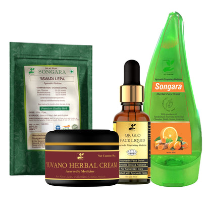 Songara Ayurvedic Face Care Kit for pigmentation & glow: Face Serum (30 ml), Ayurvedic Face Pack (50 gm) Yuvano Herbal Cream (50 gm) & Herbal Face Wash (100 ml) for Healthy, Glowing, Radiant Skin