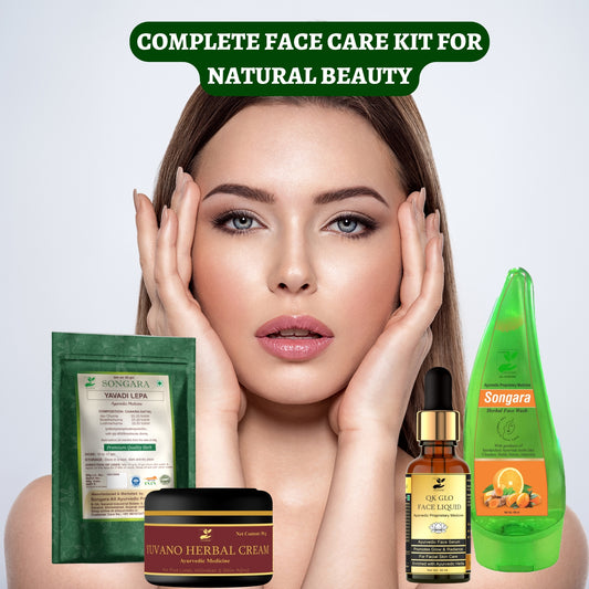 Songara Ayurvedic Face Care Kit for pigmentation & glow: Face Serum (30 ml), Ayurvedic Face Pack (50 gm) Yuvano Herbal Cream (50 gm) & Herbal Face Wash (100 ml) for Healthy, Glowing, Radiant Skin