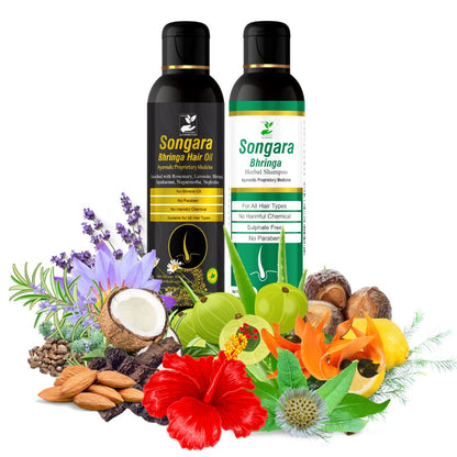 Songara Bhringa Hair Oil & Shampoo contains Bhringraj, Amla, Rosemary, Lavender, Japakusum, Tea Tree helps Promote Hair Growth (2 unit of 100 ml each)